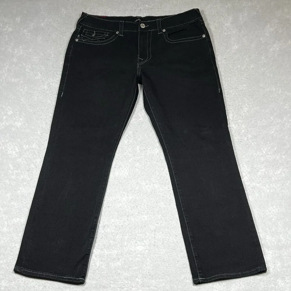 True Religion Jeans Mens Size 35 Black Ricky Straight Jeans Flap Pocket